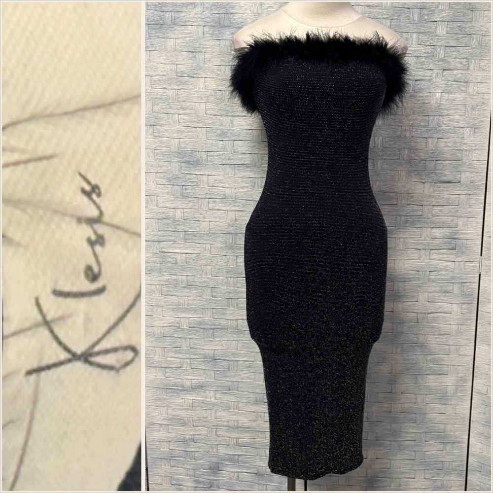 Vtg Klesis Black Sparkle Feather Trim Strapless‎ Bodycon Midi Dress S